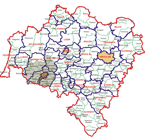 Mapa Dolnego Śląska z zaznaczonym ZIT AJ